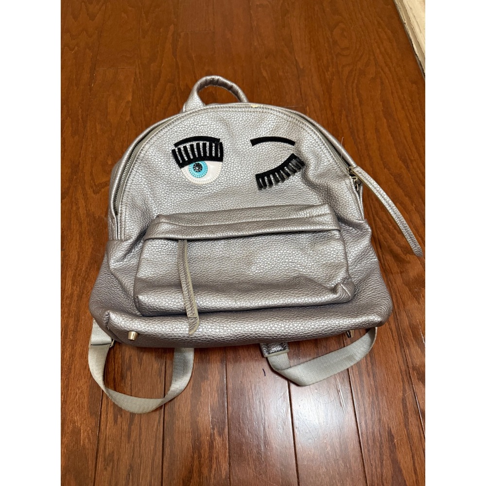 Chiara Ferragni Silver Winking Eye Flirting Backpack Pebbled Faux Leather Bag